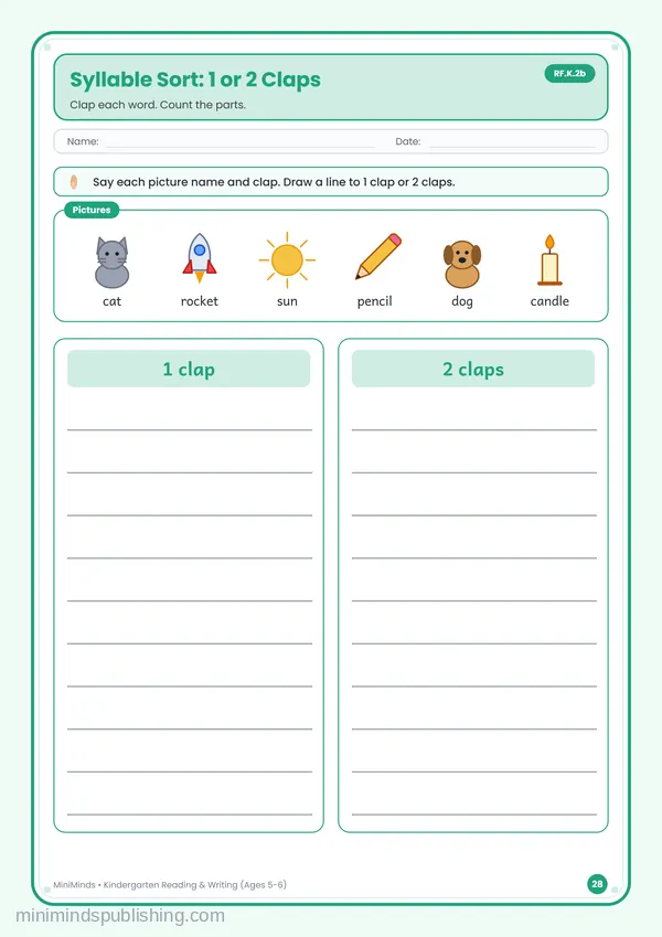 Syllable Sort: 1 or 2 Claps — free printable Kindergarten reading & writing worksheet for ages 5-6 (Common Core RF.K.2b)