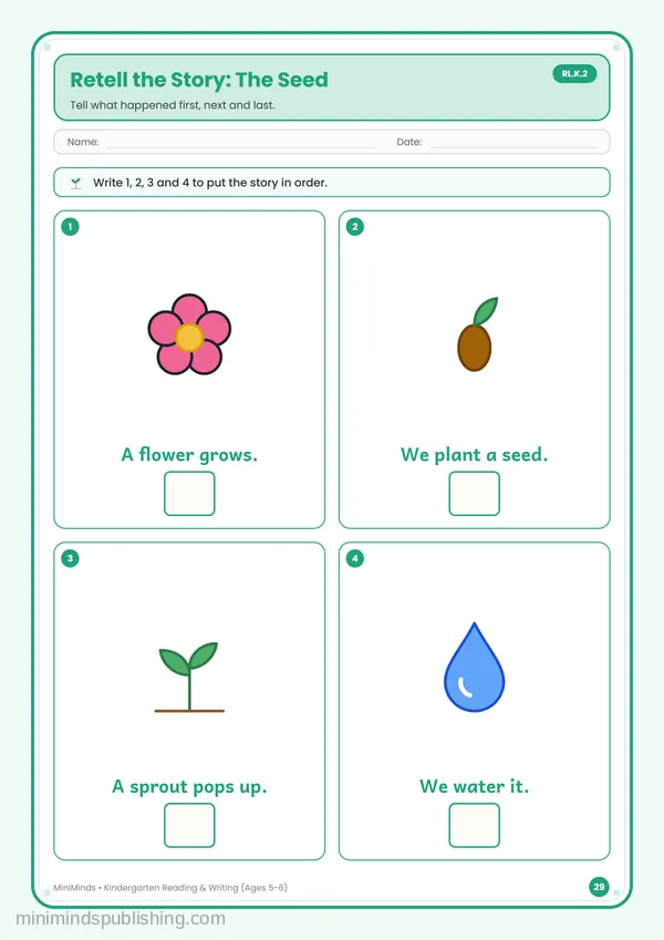 Retell the Story: The Seed — free printable Kindergarten reading & writing worksheet for ages 5-6 (Common Core RL.K.2)