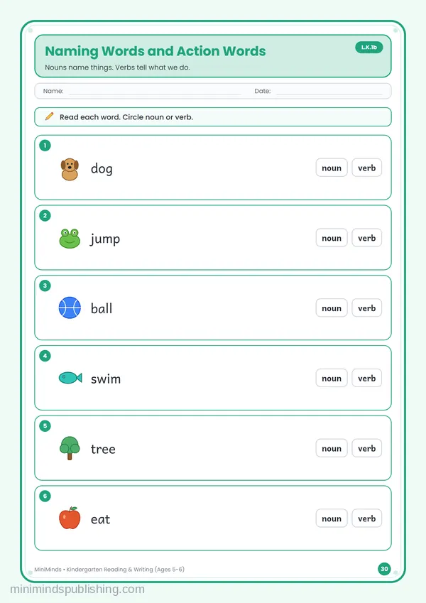 Naming Words and Action Words — free printable Kindergarten reading & writing worksheet for ages 5-6 (Common Core L.K.1b)
