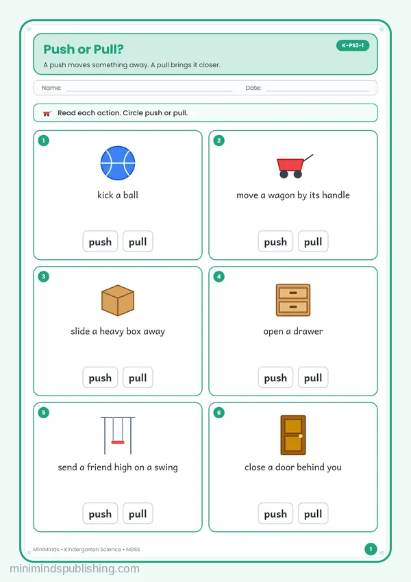 Push or Pull? — free printable Kindergarten worksheet