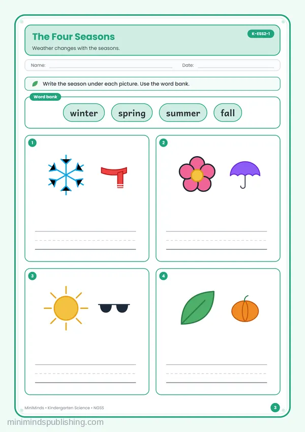The Four Seasons — free printable Kindergarten worksheet