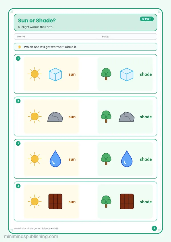 Sun or Shade? — free printable Kindergarten worksheet