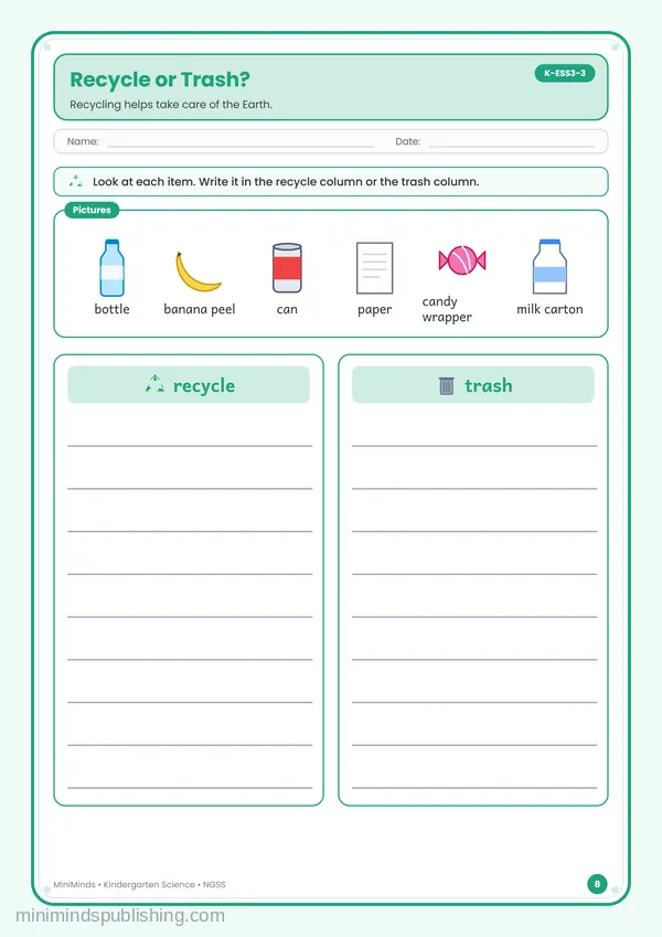 Recycle or Trash? — free printable Kindergarten worksheet