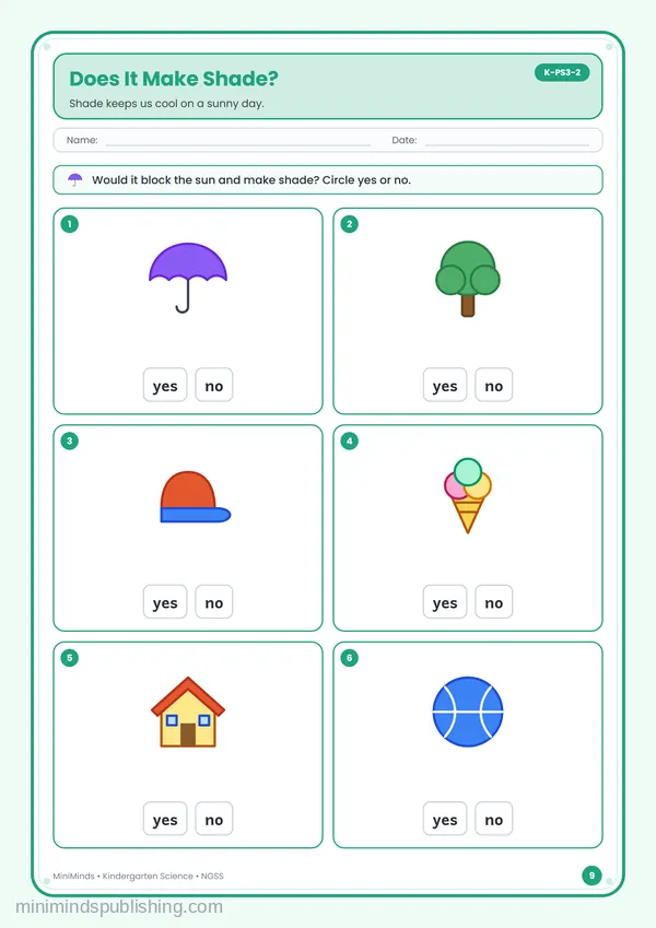 Does It Make Shade? — free printable Kindergarten worksheet