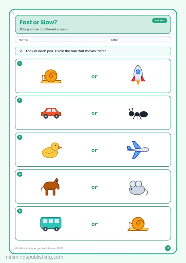 Fast or Slow? — free printable Kindergarten worksheet