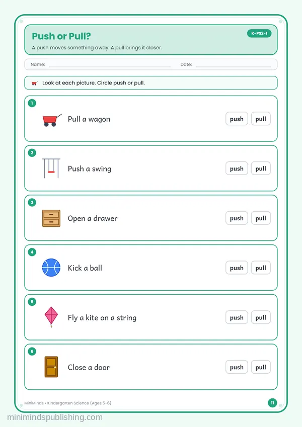 Push or Pull? — free printable Kindergarten worksheet