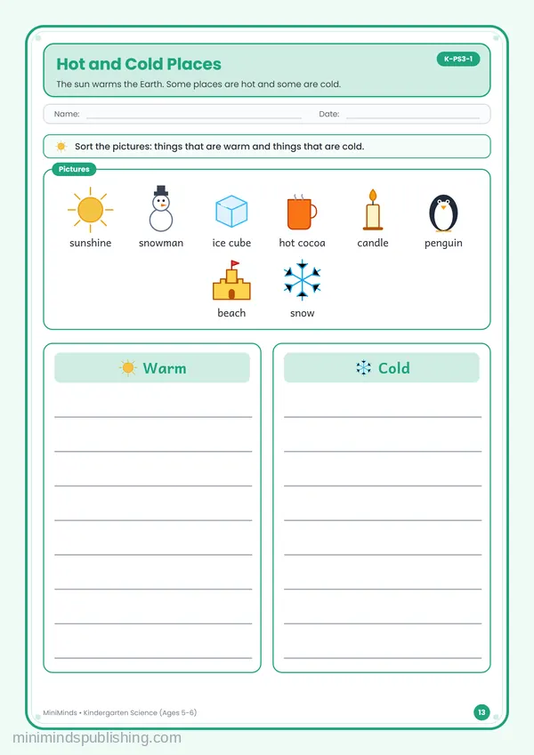 Hot and Cold Places — free printable Kindergarten worksheet