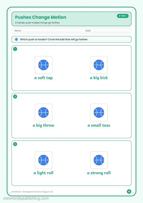 Pushes Change Motion — free printable Kindergarten worksheet