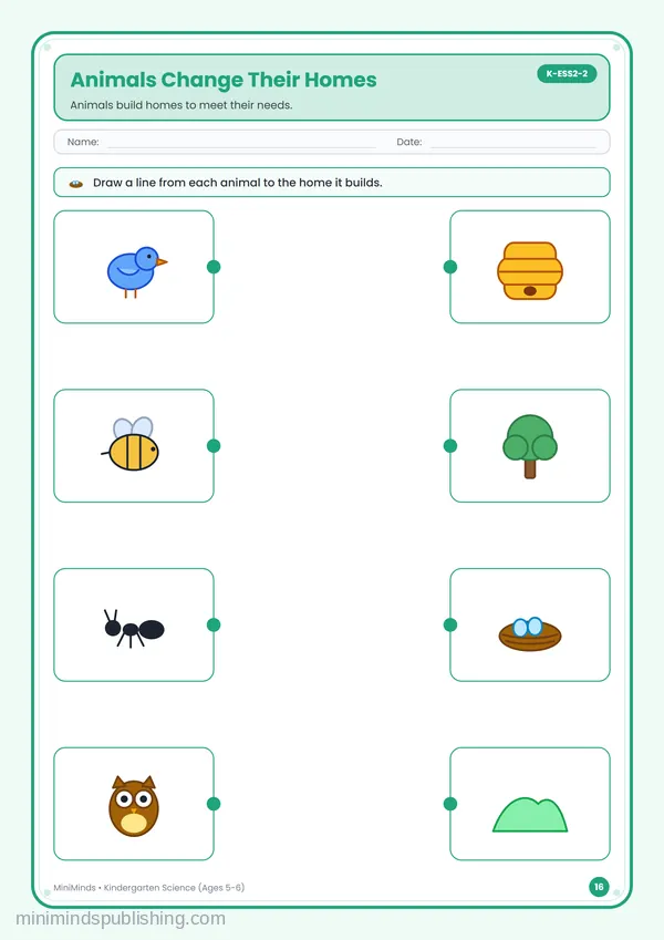 Animals Change Their Homes — free printable Kindergarten worksheet