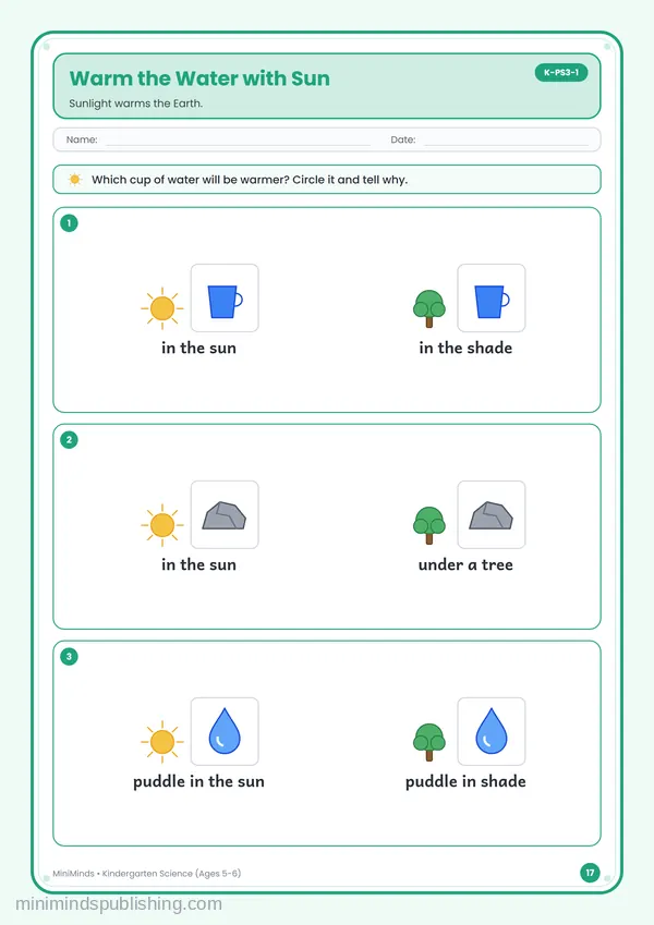 Warm the Water with Sun — free printable Kindergarten worksheet