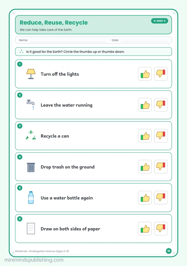Reduce, Reuse, Recycle — free printable Kindergarten worksheet