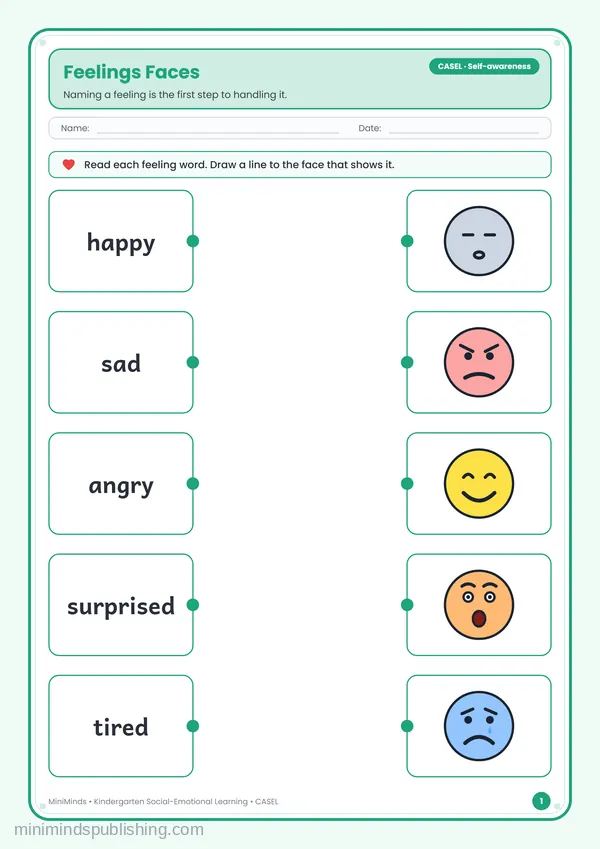 Feelings Faces — free printable Kindergarten worksheet