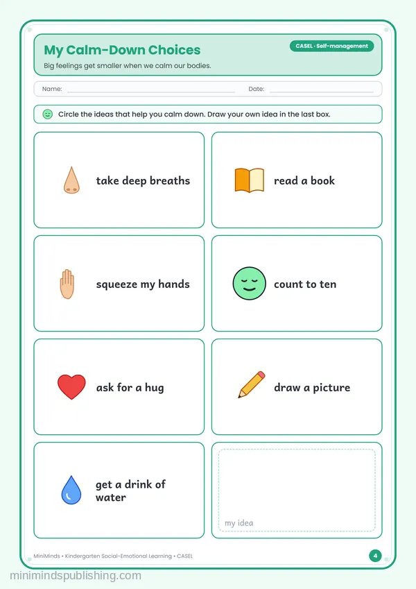 My Calm-Down Choices — free printable Kindergarten worksheet