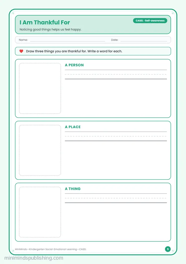 I Am Thankful For — free printable Kindergarten worksheet
