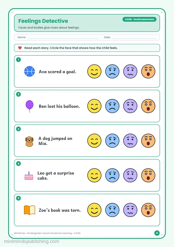 Feelings Detective — free printable Kindergarten worksheet