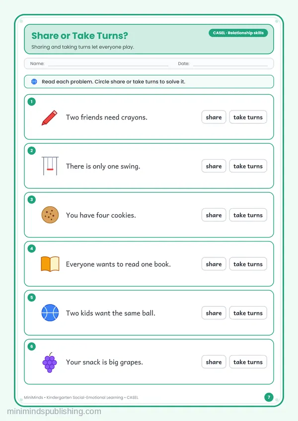 Share or Take Turns? — free printable Kindergarten worksheet