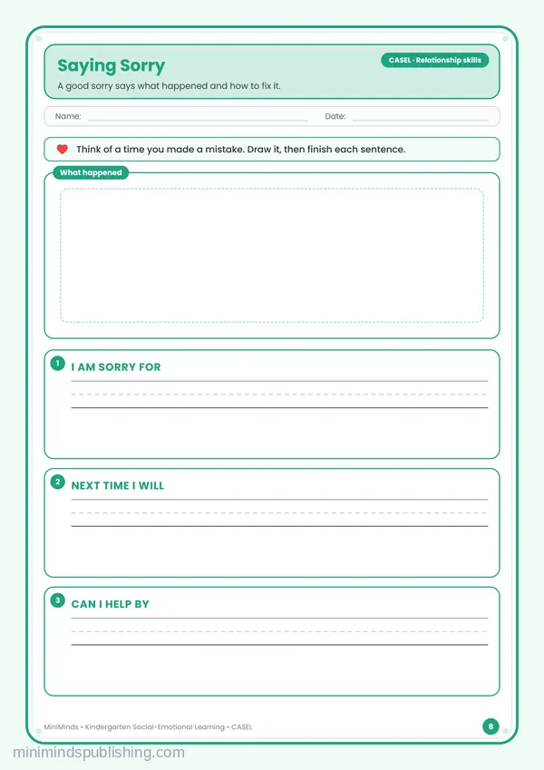 Saying Sorry — free printable Kindergarten worksheet