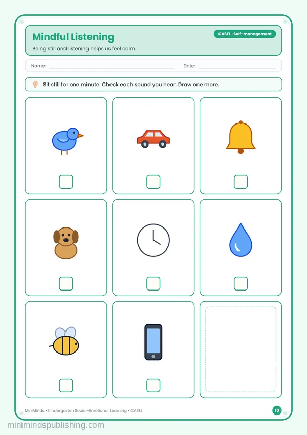 Mindful Listening — free printable Kindergarten worksheet