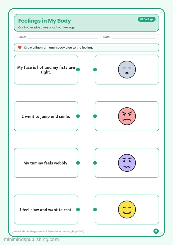 Feelings in My Body — free printable Kindergarten worksheet