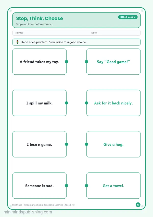 Stop, Think, Choose — free printable Kindergarten worksheet