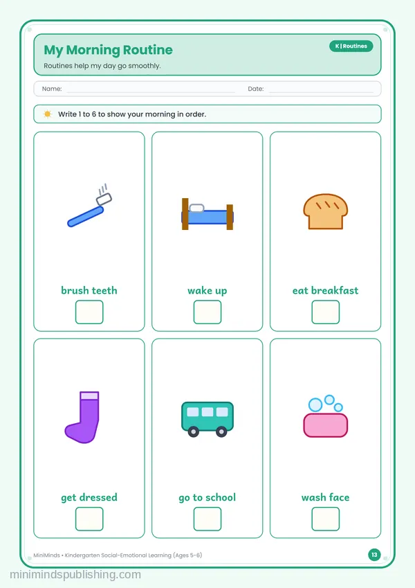 My Morning Routine — free printable Kindergarten worksheet