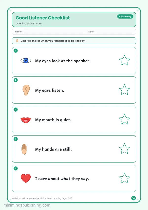 Good Listener Checklist — free printable Kindergarten worksheet