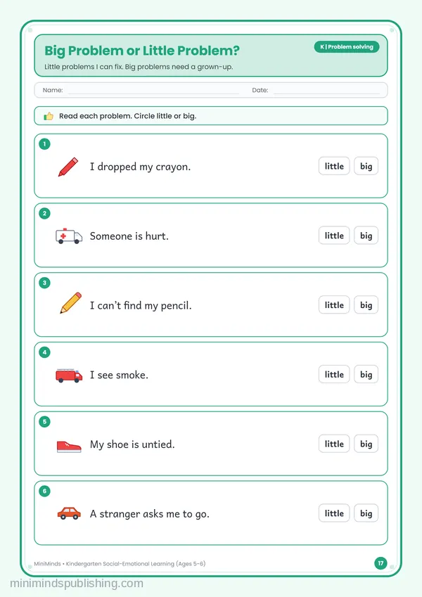 Big Problem or Little Problem? — free printable Kindergarten worksheet