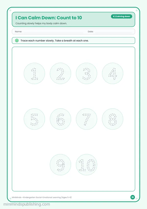 I Can Calm Down: Count to 10 — free printable Kindergarten worksheet