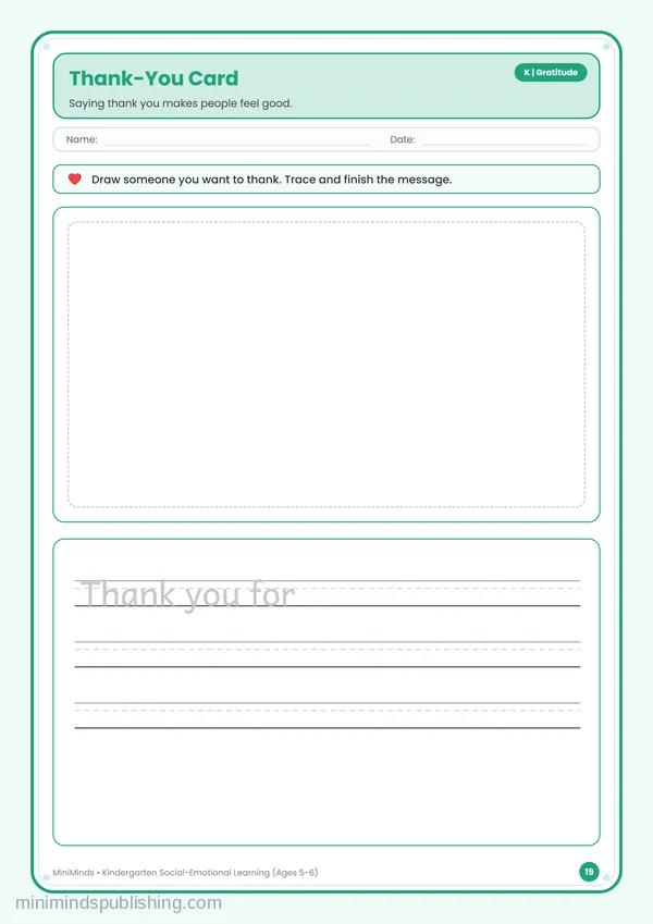 Thank-You Card — free printable Kindergarten worksheet