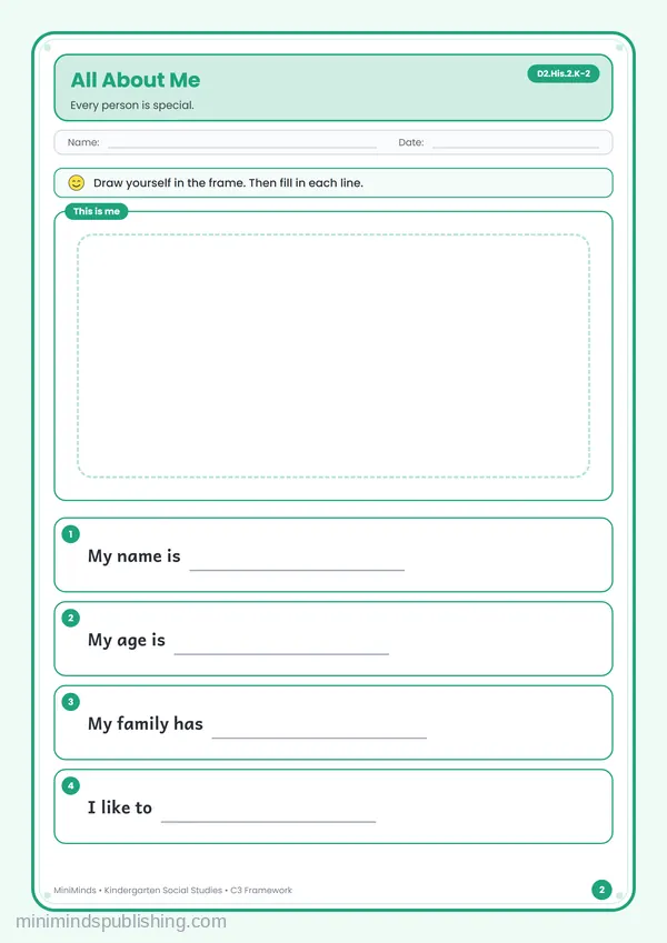 All About Me — free printable Kindergarten worksheet