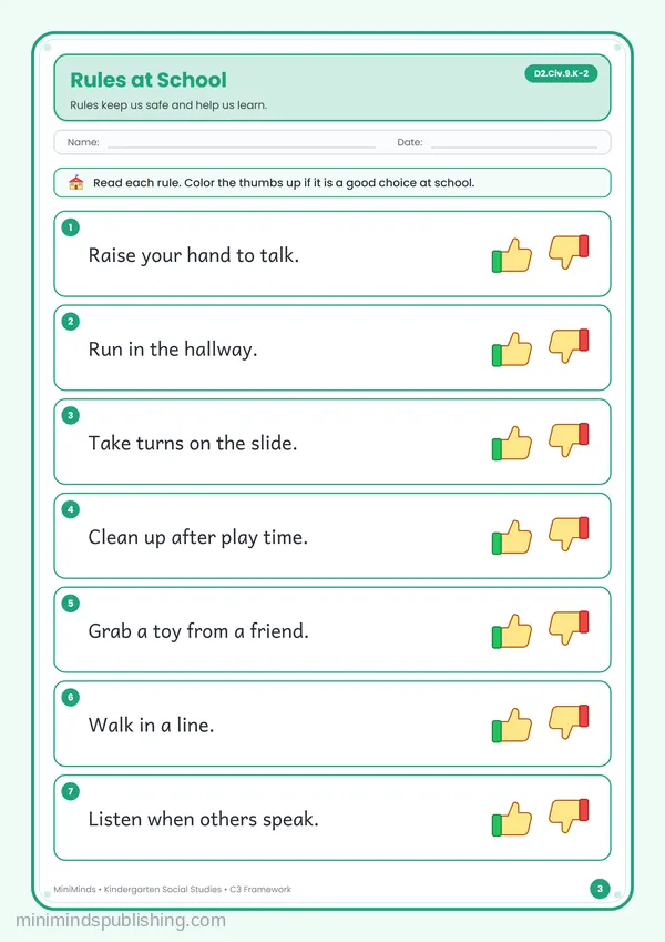 Rules at School — free printable Kindergarten worksheet
