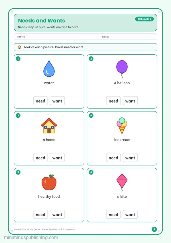 Needs and Wants — free printable Kindergarten worksheet