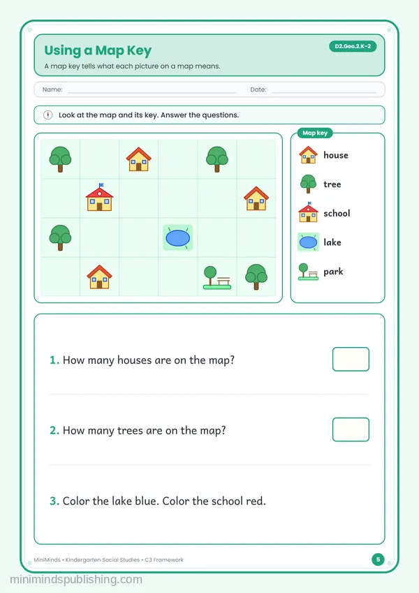 Using a Map Key — free printable Kindergarten worksheet