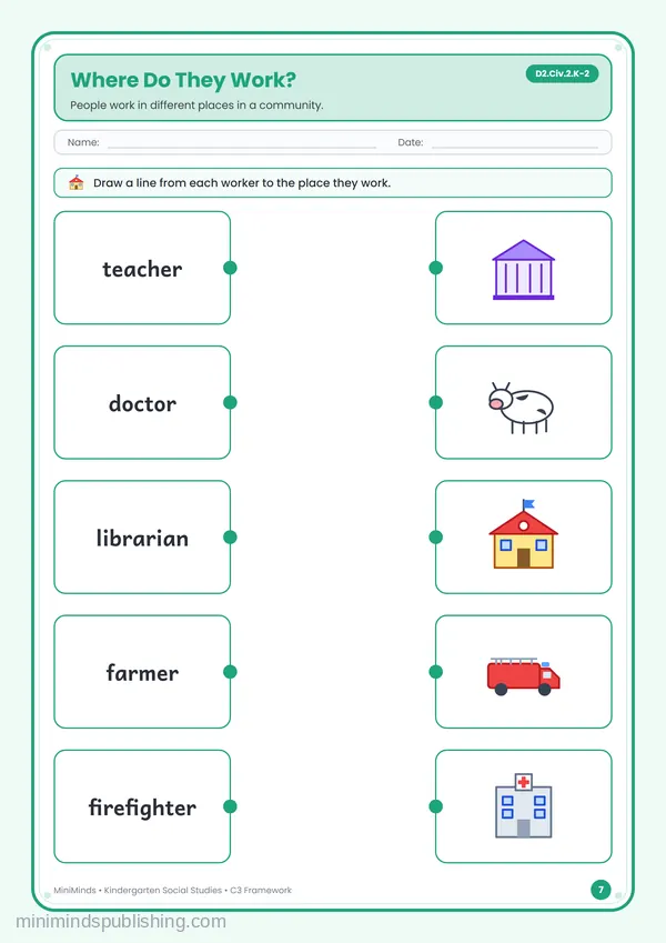 Where Do They Work? — free printable Kindergarten worksheet
