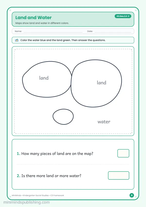Land and Water — free printable Kindergarten worksheet