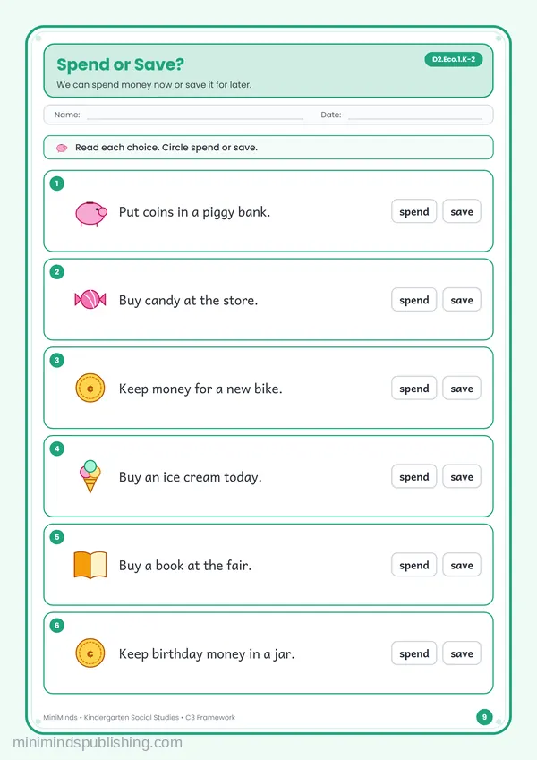 Spend or Save? — free printable Kindergarten worksheet