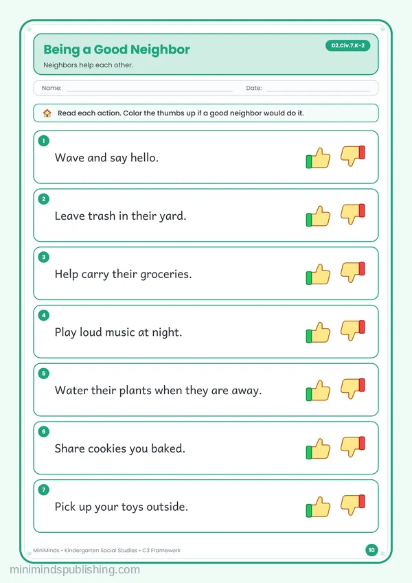 Being a Good Neighbor — free printable Kindergarten worksheet