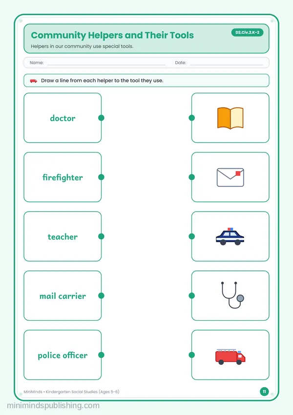 Community Helpers and Their Tools — free printable Kindergarten worksheet