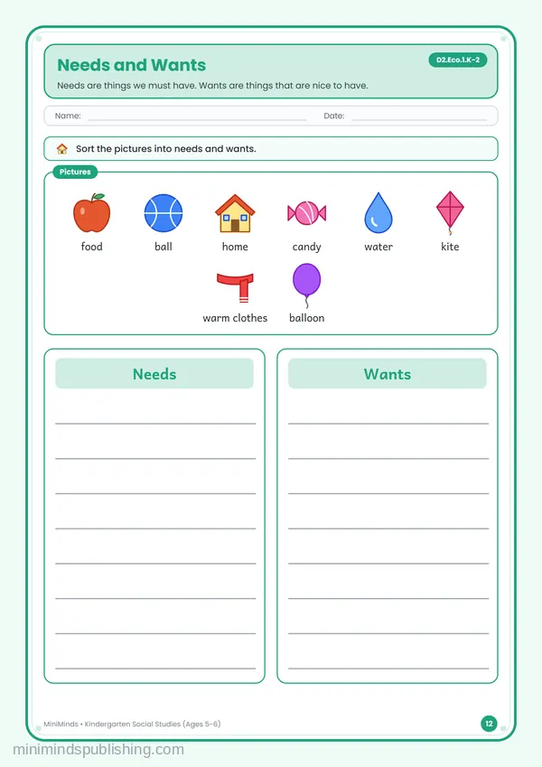 Needs and Wants — free printable Kindergarten worksheet
