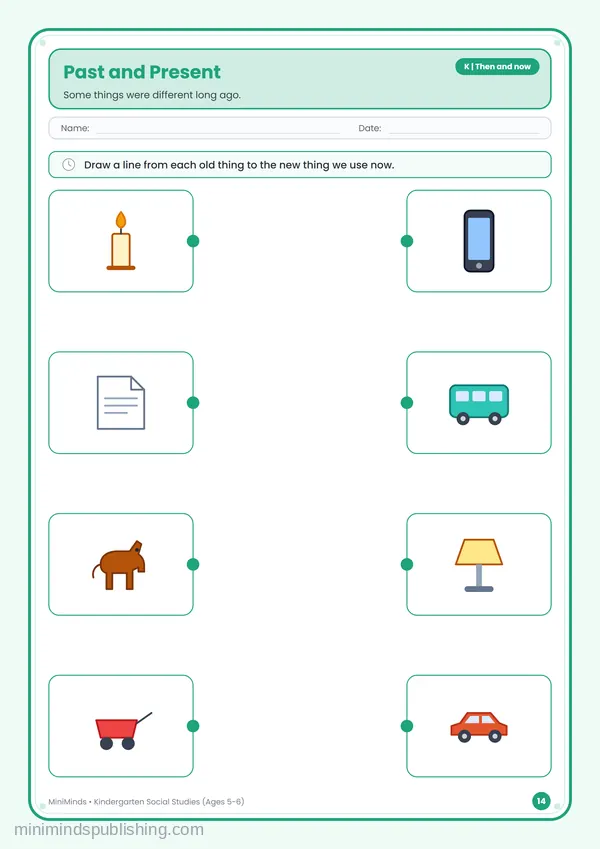 Past and Present — free printable Kindergarten worksheet