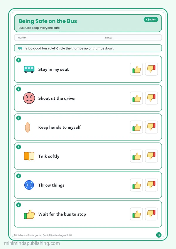 Being Safe on the Bus — free printable Kindergarten worksheet