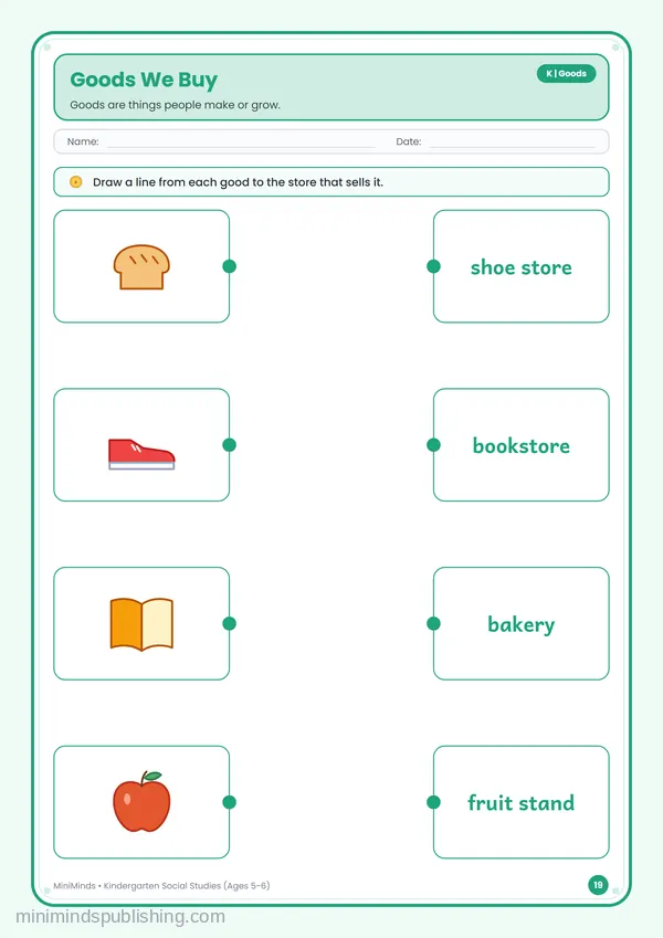 Goods We Buy — free printable Kindergarten worksheet