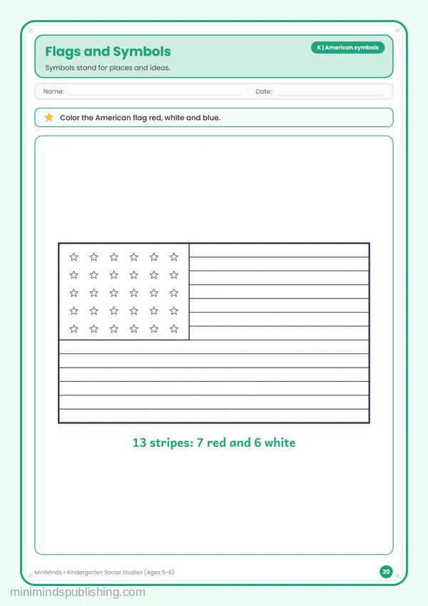 Flags and Symbols — free printable Kindergarten worksheet