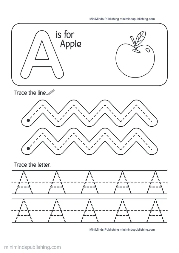 Trace the Letter A: A is for Apple — free printable Pre-K worksheet