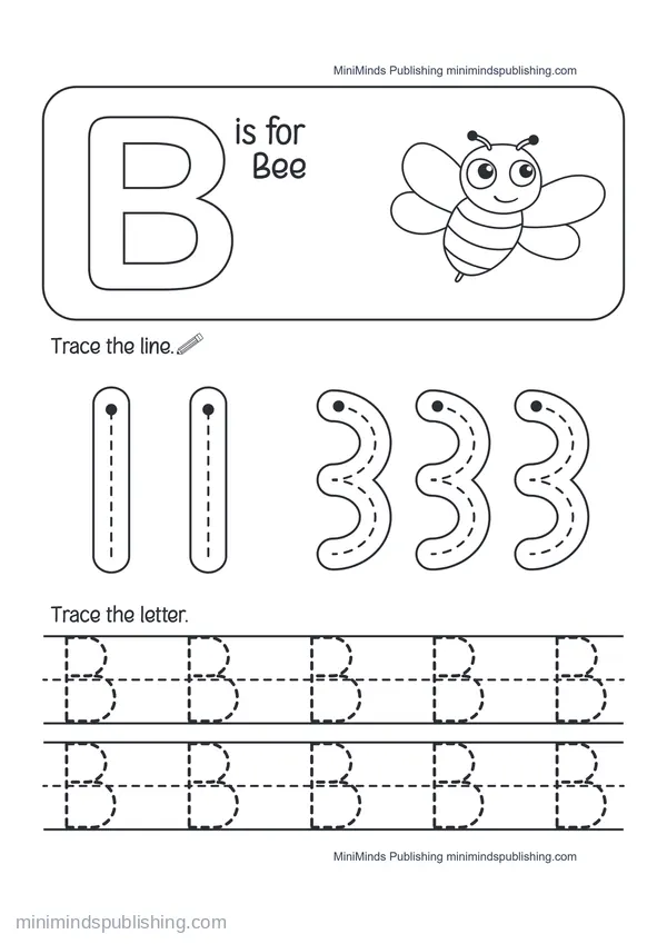Trace the Letter B: B is for Bee — free printable Pre-K worksheet