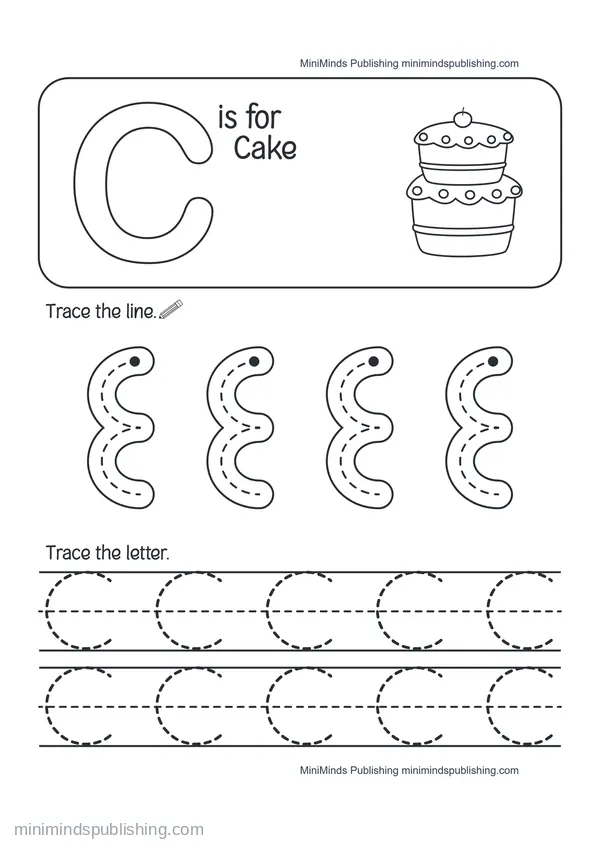 Trace the Letter C: C is for Cake — free printable Pre-K worksheet
