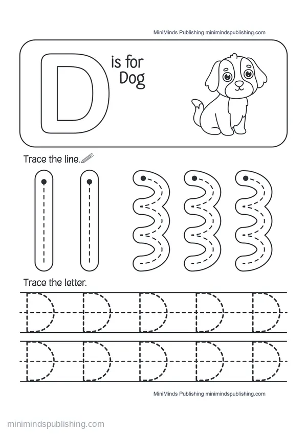 Trace the Letter D: D is for Dog — free printable Pre-K worksheet