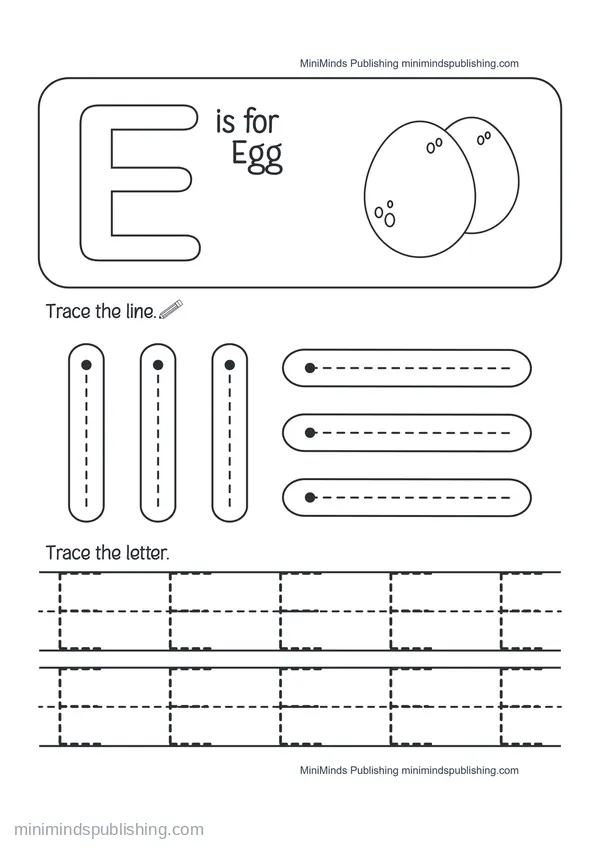 Trace the Letter E: E is for Egg — free printable Pre-K worksheet
