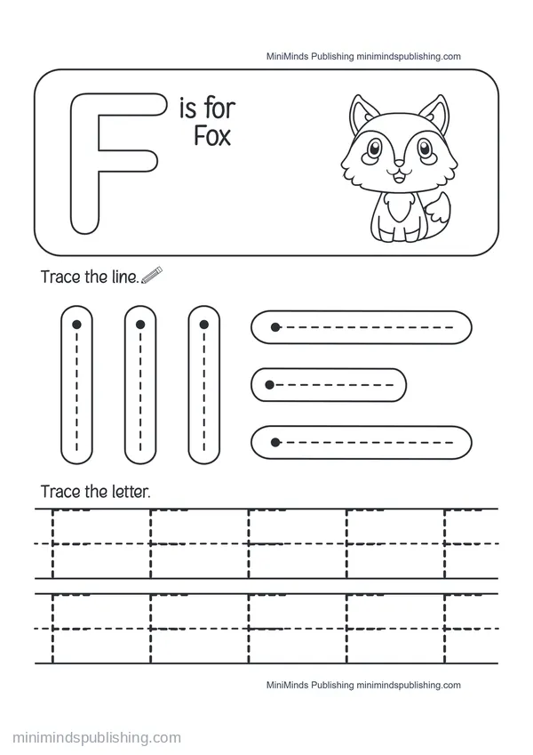 Trace the Letter F: F is for Fox — free printable Pre-K worksheet