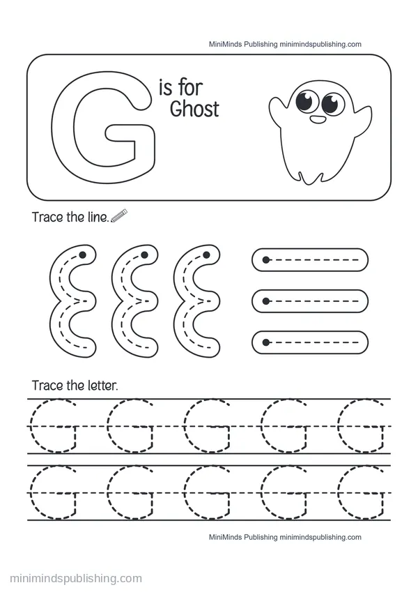 Trace the Letter G: G is for Ghost — free printable Pre-K worksheet